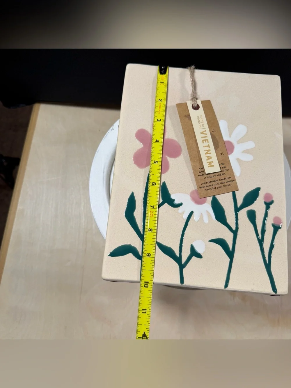 Ceramic Book Vase With Hand Painted Daisy, Cream With Pink & White Flowers